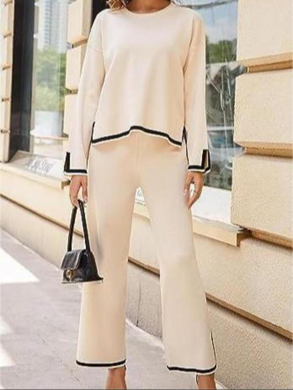 Two-Piece Set Women's Contrast Binding Drop Shoulder Top & Split Hem Pants, Casual Fashion Cozy Round Neck Long Sleeve Top & Elastic Waist Trousers for Daily Outdoor Wear, Ladies Summer Clothes