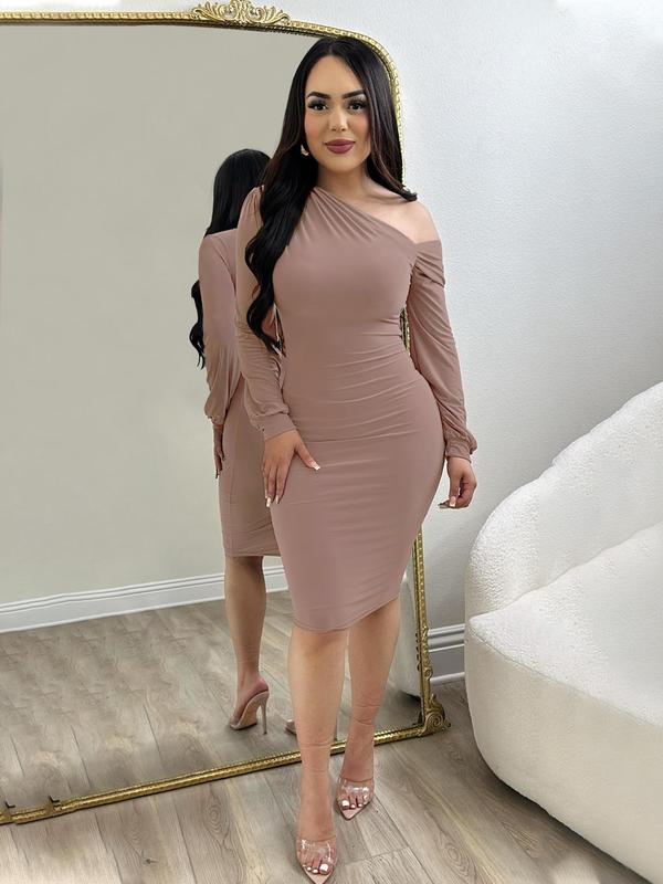 Women's Plain Ruched Asymmetrical Neck Bodycon Dress, Elegant Long Sleeve Knee Length Dress for Party Dating Wear, Ladies Clothes, Birthday Dresses Fall 2024, Fall Outfits, Fallfreshness