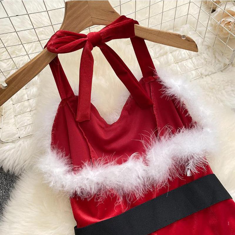 Women's Christmas Cosplay Costume Lingerie Rompers Plush Trim Christmas Party Cosplay Jumpsuits Playsuits