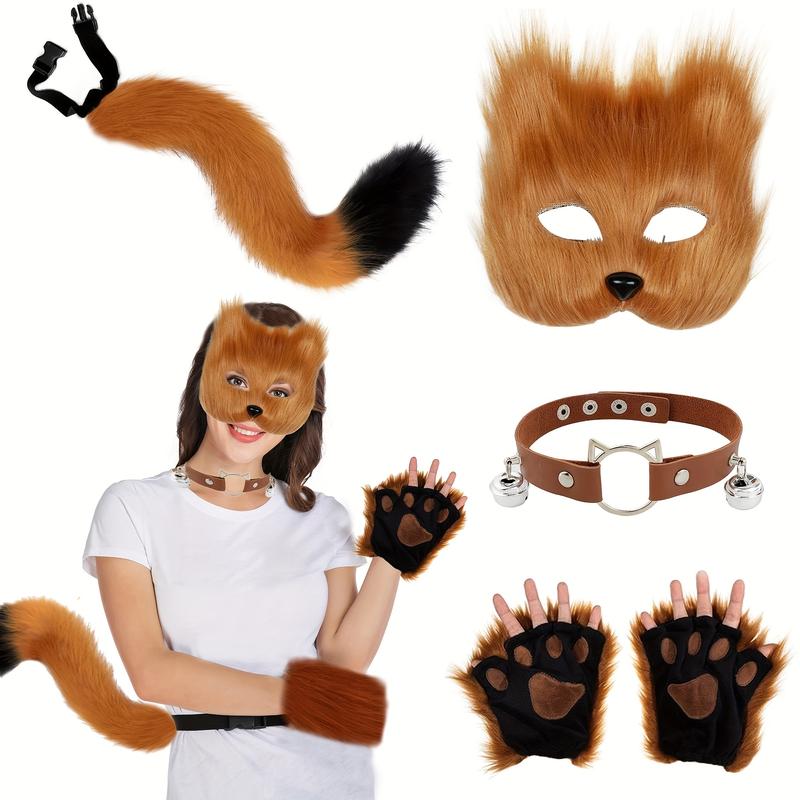 5-Piece Therian Masquerade Costume Set: Cute Animal Accessories with Mask, Tail, Paw Hand Covers, PU Leather Choker Collar for Cosplay and Themed Parties