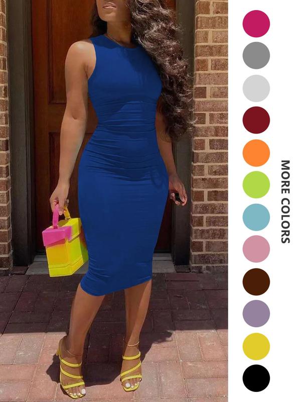 Women's Solid Round Neck Bodycon Dress, Casual Sleeveless Crewneck Midi Dress, Back To School Outfits, Birthday Dresses 2024, Dresses for Women, Fall Dresses, Ladies Clothes for Christmas