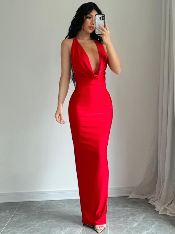 Women's Solid Backless Draped Tie Back Satin Dress, Fashion Halter Neck Sleeveless Long Bodycon Dress for Evening Party, Birthday Dresses 2024, Dresses for Women, Elegant Dress for Women, Summer Outfits 2024