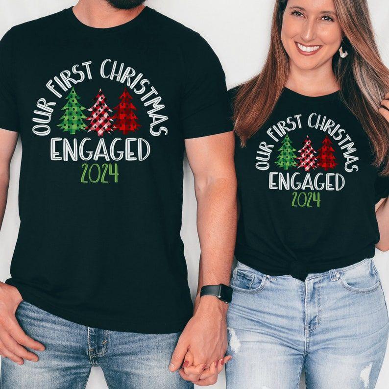 Couples Christmas Pajamas,  Xmas Couples Engaged Shirts, Xmas Couple First Christmas Pajamas, His and Hers Matching Engaged Xmas Shirts Christmas Gifts.