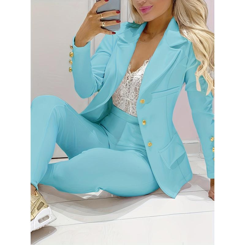 Two-piece Set, Double-breasted Blazer & Slim Pants, Business Casual Women's Clothing Outfits Long Sleeve Fabric