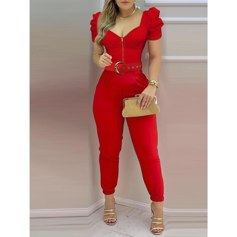 Solid Zipper Front Jumpsuit, Elegant Puff Sleeve Sweetheart Neck Jumpsuit Spring and Summer, Women's Clothing Fabric Womenswear