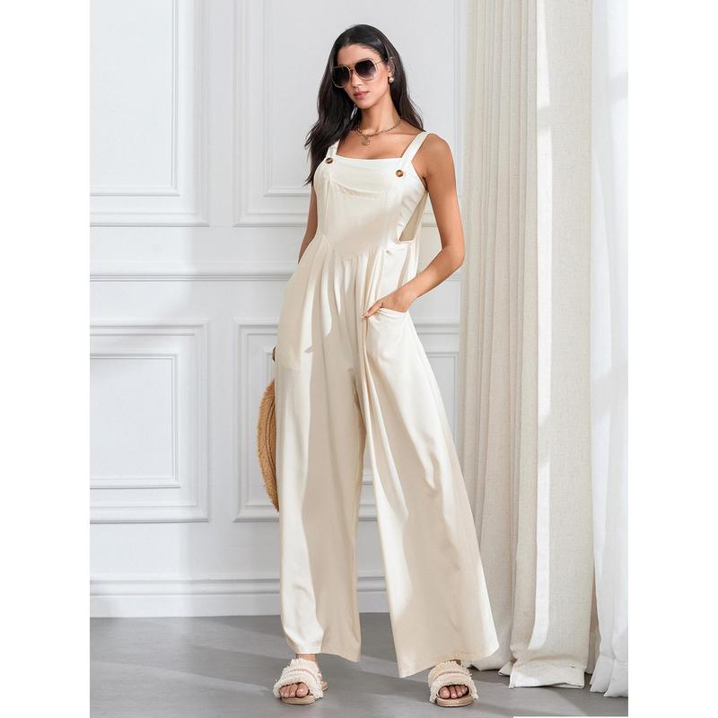 Wide Leg Overalls for Women Sleeveless Jumpsuits Suspender Overalls Casual Loose Solid Baggy Long Rompers with Pockets