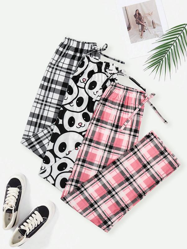 3 PCS Set Per Pack Women's Soft Drawstring Elastic Waist Loose Cute Heart Plaid Knit Causal Sleeping Pajamas Trousers Red PJ Pants Bottom For Summer Fall Comfort Loungewear  Fabric Casual Floral Pajama Set pantalón  pijama matching pants loungewear pjs