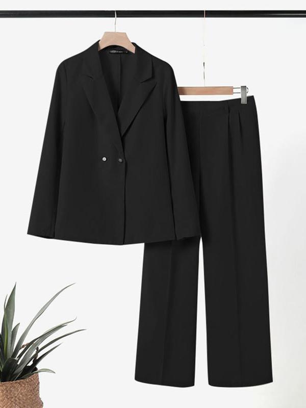 Women's Solid Double Button Lapel Neck Blazer & Pocket Pants Two-piece Set, Elegant Fashion Casual Outfits for Work Office Business, Ladies Fall & Winter Clothes