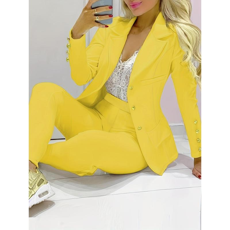 Two-piece Set, Double-breasted Blazer & Slim Pants, Business Casual Women's Clothing Outfits Long Sleeve Fabric