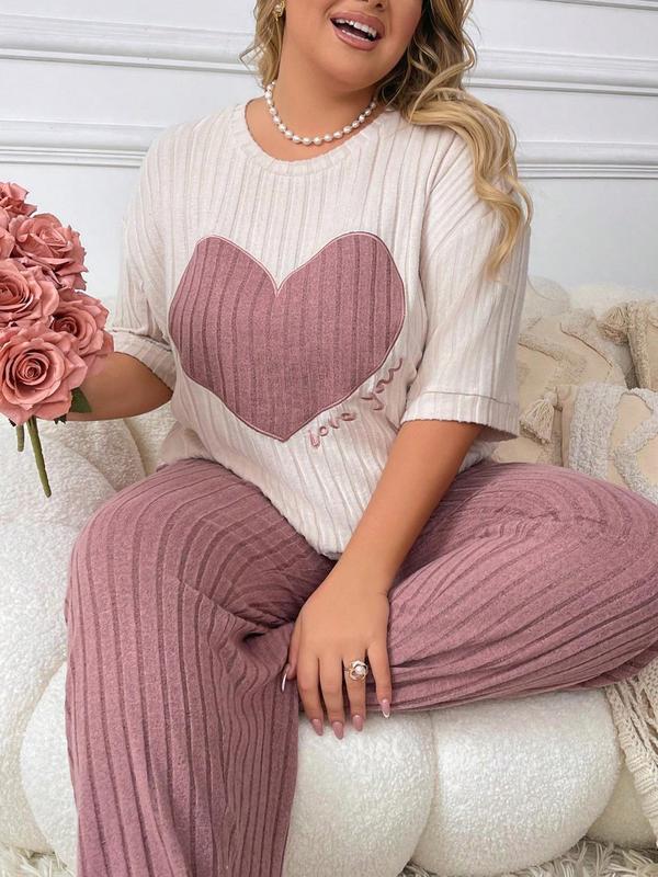  Two-piece Set Heart Graphic Embroidery Drop Shoulder Tee & Plain Elastic Waist Pants Pyjama Two-piece Set, Casual Comfy Round Neck Half Sleeve T-shirt & Trousers Pj Set, Pajama Sets Women, Women's Plus Sleepwear, Fluffy Pajamas