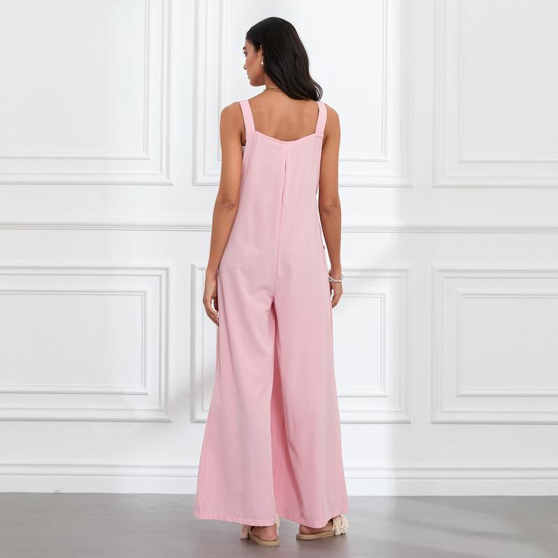 Wide Leg Overalls for Women Sleeveless Jumpsuits Suspender Overalls Casual Loose Solid Baggy Long Rompers with Pockets