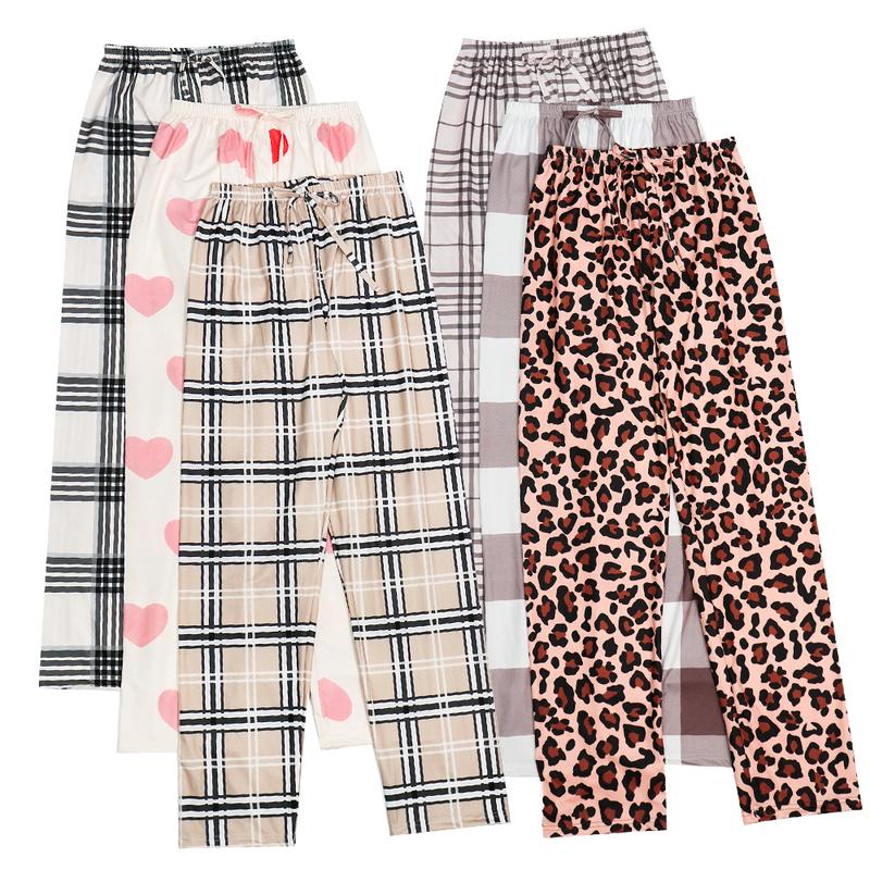 3 PCS Set Per Pack Cute Girl Women's Soft Drawstring Elastic Waist Loose Cute Leopard Plaid Knit Causal Long Sleeping Pajamas Trousers PJ Pants Bottom For Fall Comfort Loungewear Fabric Casual Pajama Set pantalón  pijama matching pants loungewear pjs