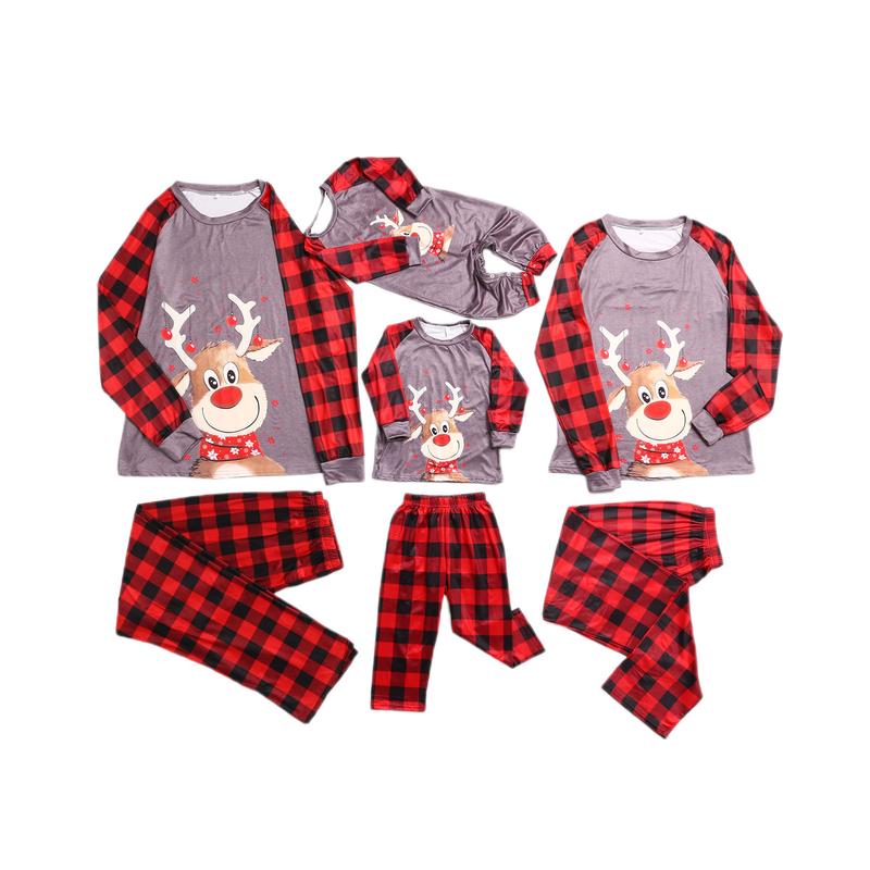 Matching Christmas Pajamas For Family Deer Plaid Print Pajamas Round Neck Parent-child Clothing