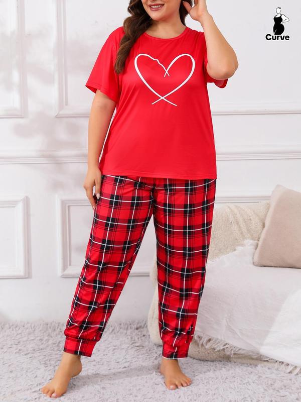  Two-piece Set Heart Print Short Sleeve Tee & Plaid Print Pants Pyjama, Casual Comfy Round Neck T-shirt & Trousers Pj Set, Women's Sleepwear for All Seasons