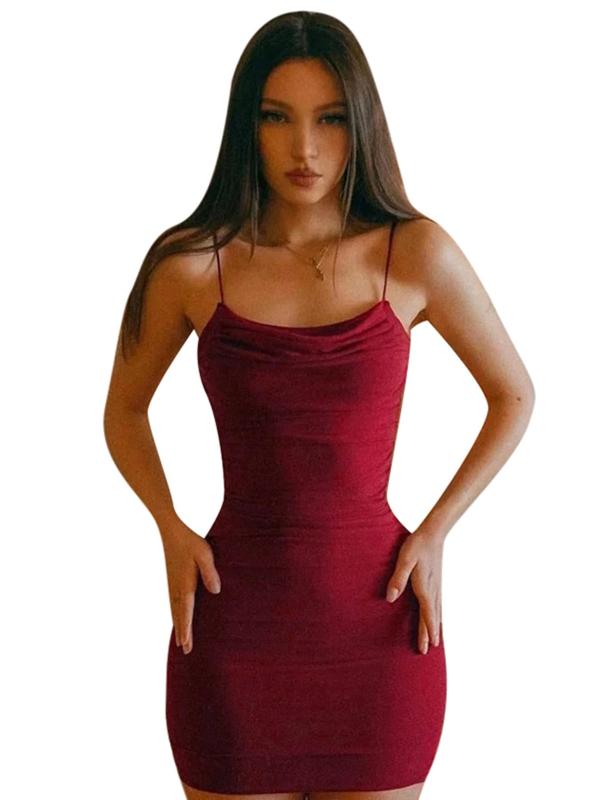 Women's Solid Backless Ruched Bodycon Dress, Fashion Casual Spaghetti Strap Cami Dress for Daily Outdoor Wear, Dresses for Women, Ladies Clothes for All Seasons, Black Girl Outfits, 90s Clothes