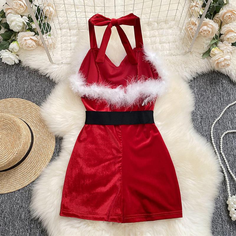 Women's Christmas Cosplay Costume Lingerie Rompers Plush Trim Christmas Party Cosplay Jumpsuits Playsuits