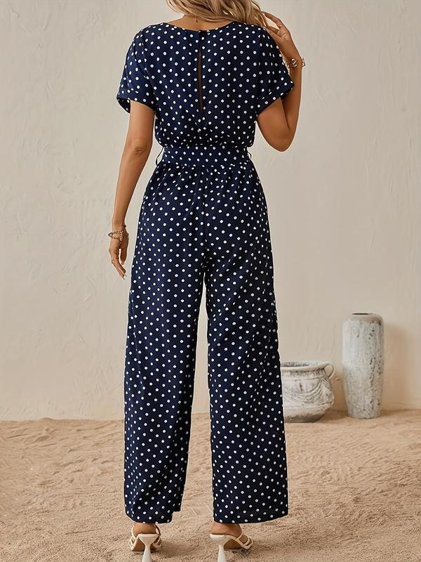 Women's Polka Dot Print Belted Wide Leg Jumpsuit, Elegant Short Sleeve Round Neck Jumpsuit for Vacation Holiday Daily Wear, Ladies Clothes for All Seasons