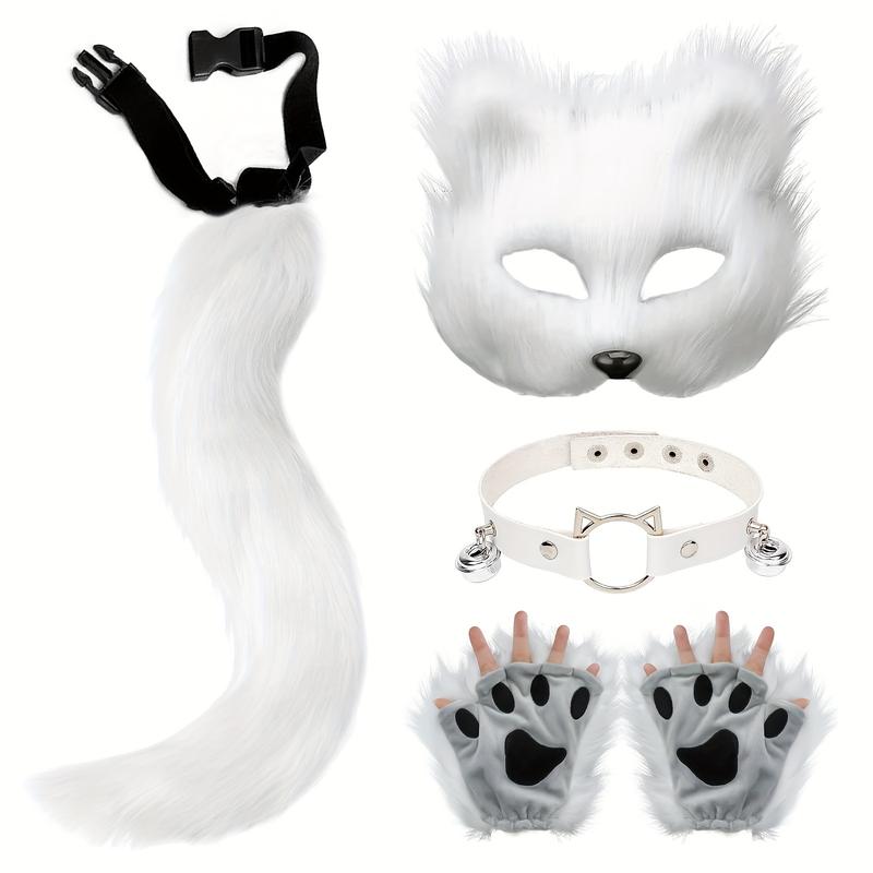 5-Piece Therian Masquerade Costume Set: Cute Animal Accessories with Mask, Tail, Paw Hand Covers, PU Leather Choker Collar for Cosplay and Themed Parties