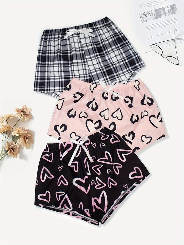 3 PCS Set Per Pack Women's Soft Drawstring Elastic Waist Loose Cute Heart Plaid Knit Causal Sleeping Pajamas Trousers Red PJ Pants Bottom For Summer Fall Comfort Loungewear  Fabric Casual Floral Pajama Set pantalón  pijama matching pants loungewear pjs