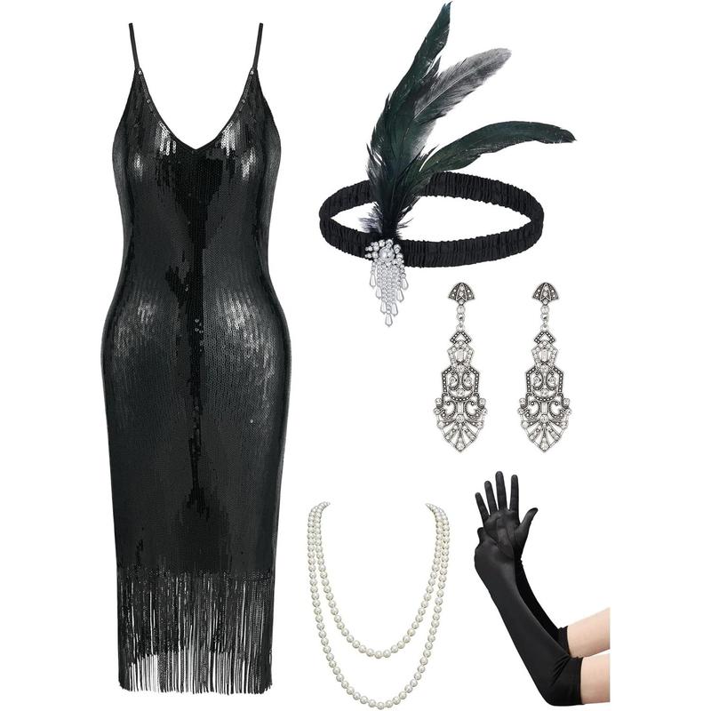 Flapper Dresses 1920s Gatsby Dresses for Women Roaring 20s Costumes Great Gatsby Outfits with 20s Accessories Set