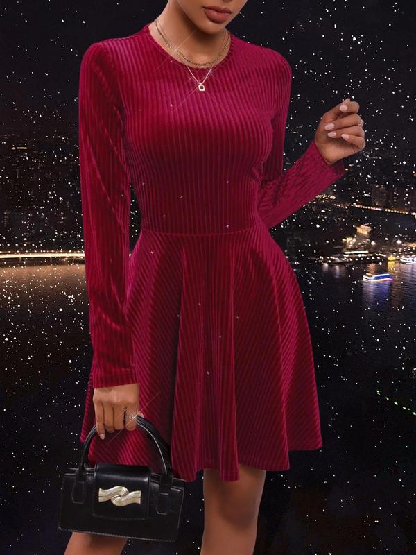 Women's Solid Long Sleeve Round Neck Velvet Dress, Elegant Trendy A-line Short Dress for Spring & Fall Party Wedding Guest Wear, Dresses for Women, Women's 2024 Fall Clothes Christmas