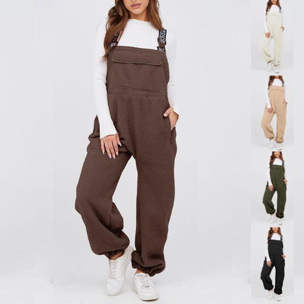 SCUSTY Womens Fleece Overalls 2024 Warm Winter Casual Loose Jumpsuits Sherpa Bib Overalls Fuzzy Ski Pants with Pockets