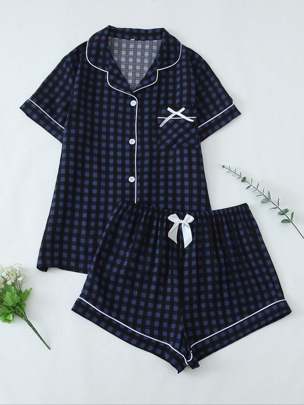 Two-Piece Set Women's Plaid Print Lapel Neck Button Front Pajama, Short Sleeve Pocket Shirt & Bow Front Shorts PJ Set, Casual Comfy Sleepwear Set for Women