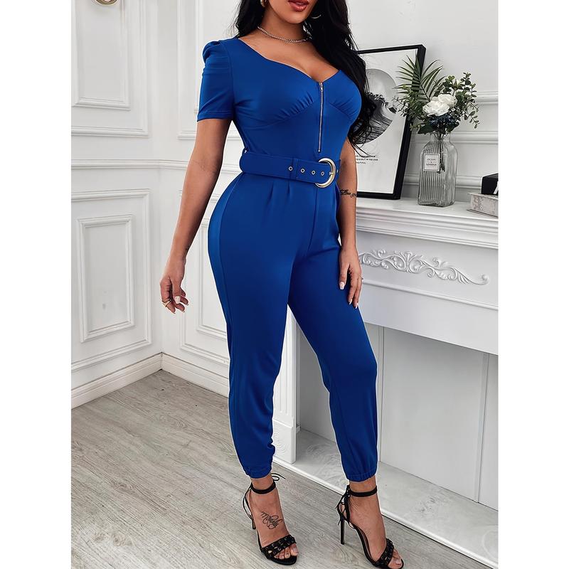 Solid Zipper Front Jumpsuit, Elegant Puff Sleeve Sweetheart Neck Jumpsuit Spring and Summer, Women's Clothing Fabric Womenswear