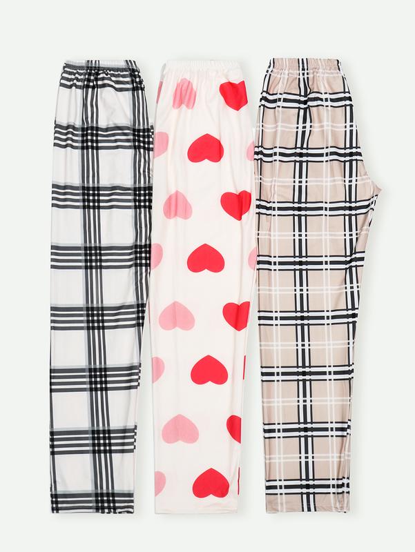 3 PCS Set Per Pack Women's Soft Drawstring Elastic Waist Loose Cute Heart Plaid Knit Causal Sleeping Pajamas Trousers Red PJ Pants Bottom For Summer Fall Comfort Loungewear  Fabric Casual Floral Pajama Set pantalón  pijama matching pants loungewear pjs