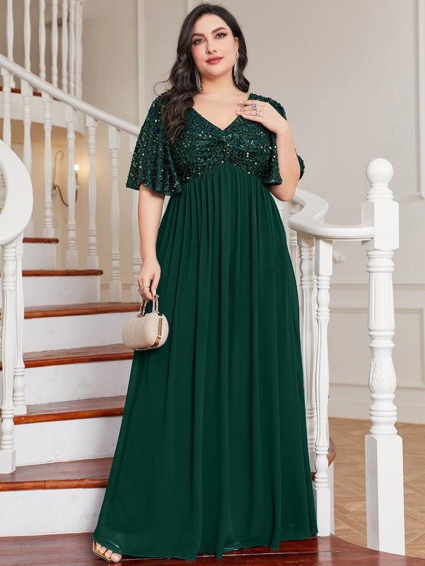 Plus Size Contrast Sequin Butterfly Sleeve Evening Dress, Summer Clothes Women, Elegant Short Sleeve Maxi Dress for Party, Women's Clothing for Summer