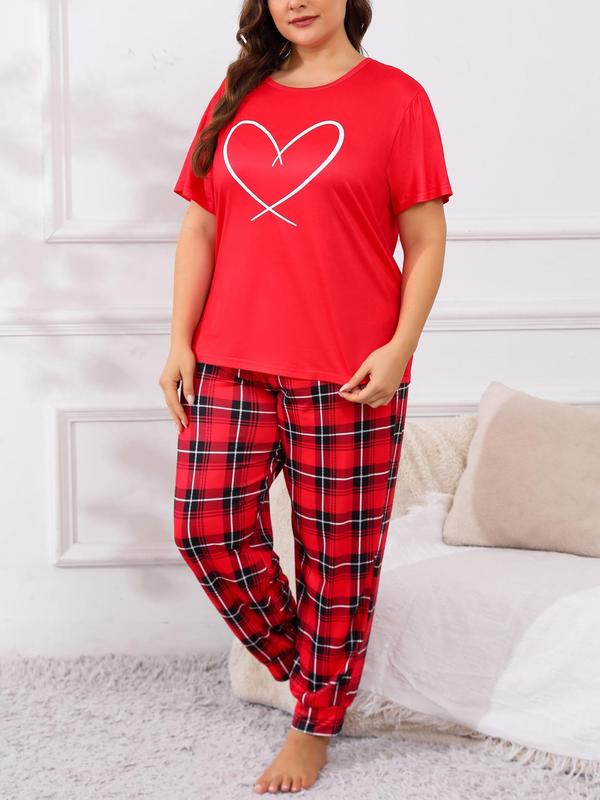  Two-piece Set Heart Print Short Sleeve Tee & Plaid Print Pants Pyjama, Casual Comfy Round Neck T-shirt & Trousers Pj Set, Women's Sleepwear for All Seasons