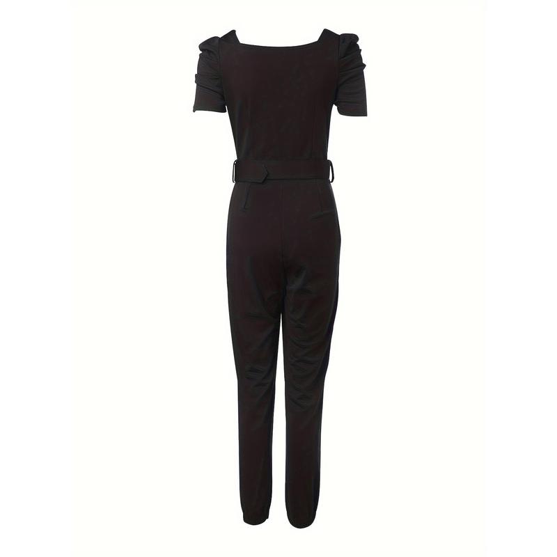 Solid Zipper Front Jumpsuit, Elegant Puff Sleeve Sweetheart Neck Jumpsuit Spring and Summer, Women's Clothing Fabric Womenswear