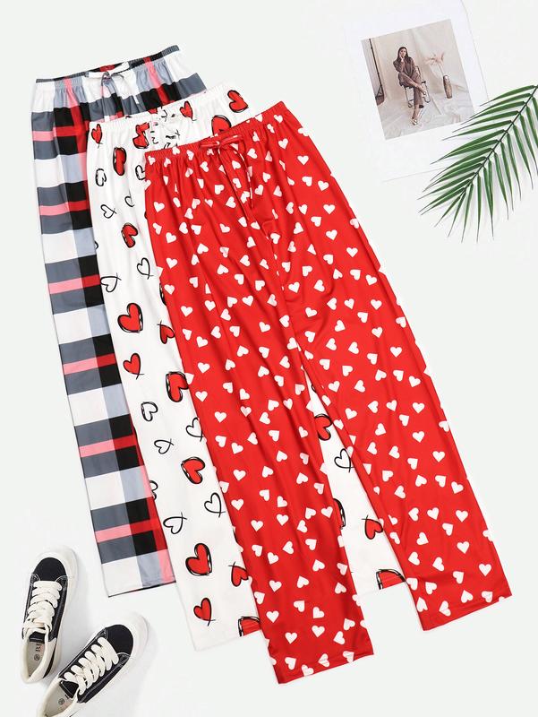 3 PCS Set Per Pack Women's Soft Drawstring Elastic Waist Loose Cute Heart Plaid Knit Causal Sleeping Pajamas Trousers Red PJ Pants Bottom For Summer Fall Comfort Loungewear  Fabric Casual Floral Pajama Set pantalón  pijama matching pants loungewear pjs