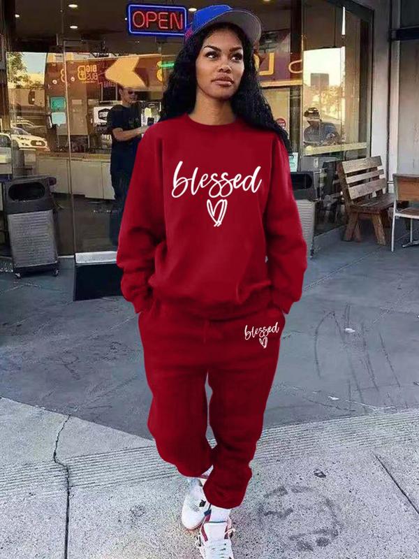 Women's Letter Print Sweatshirt & Pocket Sweatpants Suits Set,  Soft Long Sleeve Pullover & Jogger Pants, Two-piece Outfits, Comfort Womenswear, Spring & Fall Clothes for Lady