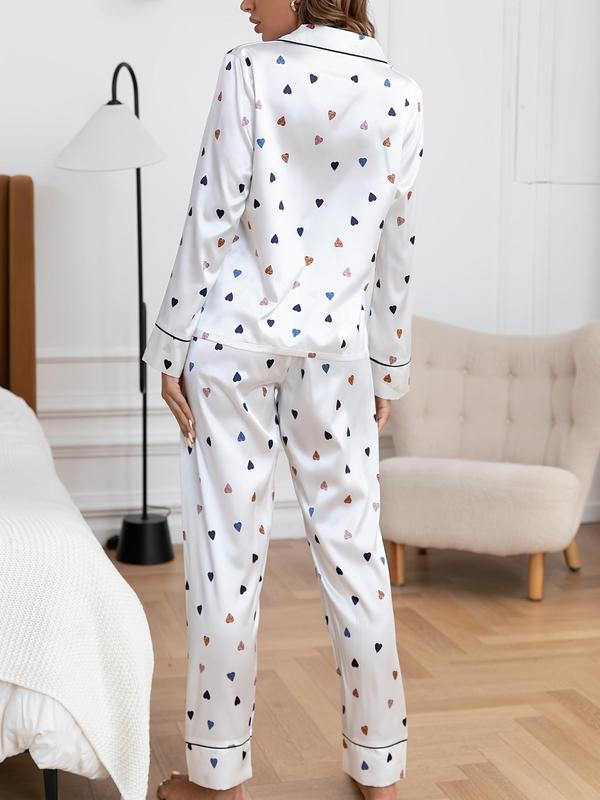 Women's Heart Print Satin Loungewear Set, Casual Lapel Button Front Shirt & Pants Pajama Set, Women's Sleepwear, Womenswear