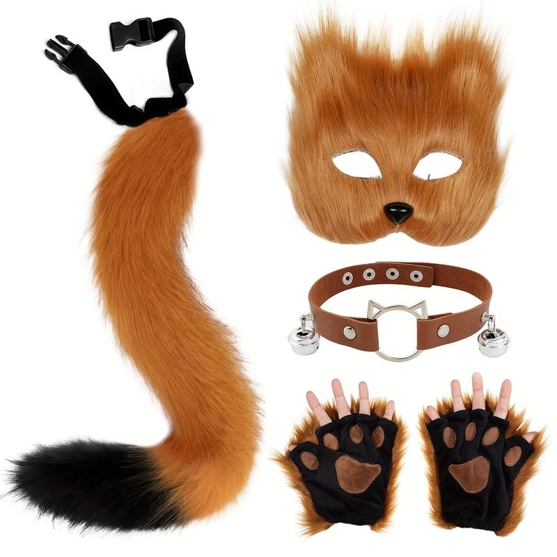 5-Piece Therian Masquerade Costume Set: Cute Animal Accessories with Mask, Tail, Paw Hand Covers, PU Leather Choker Collar for Cosplay and Themed Parties