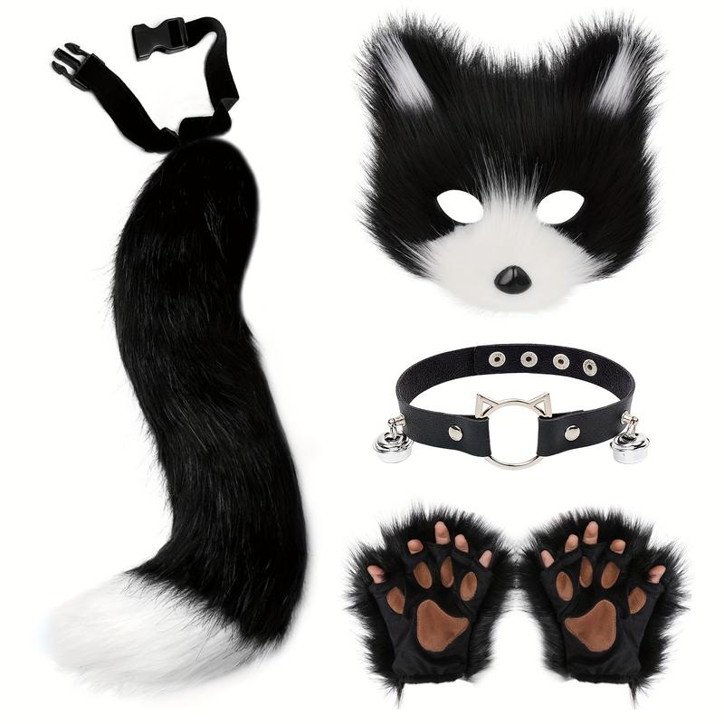 5-Piece Therian Masquerade Costume Set: Cute Animal Accessories with Mask, Tail, Paw Hand Covers, PU Leather Choker Collar for Cosplay and Themed Parties