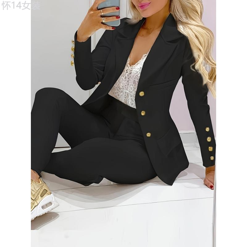 Two-piece Set, Double-breasted Blazer & Slim Pants, Business Casual Women's Clothing Outfits Sleeve Suit