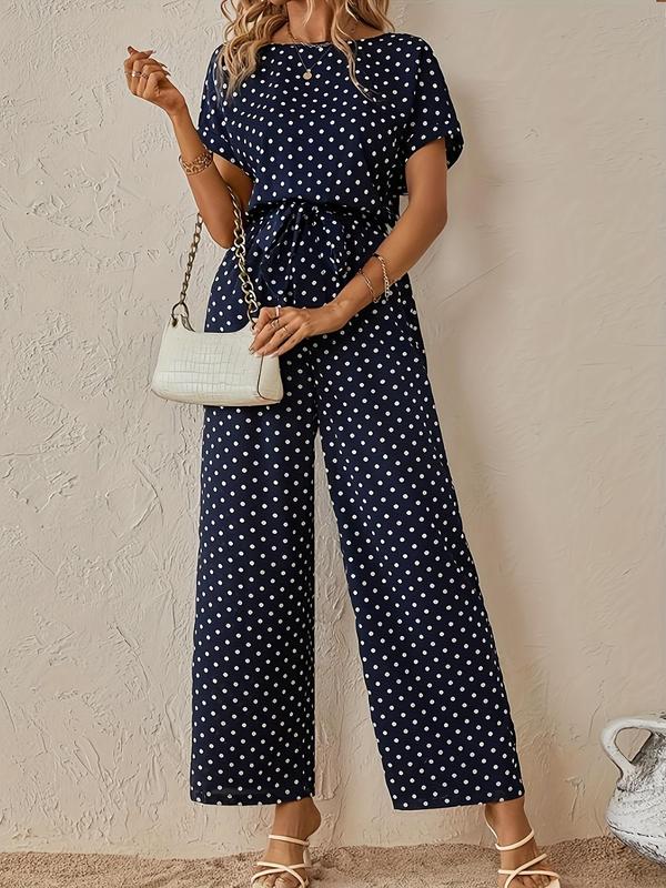 Women's Polka Dot Print Belted Wide Leg Jumpsuit, Elegant Short Sleeve Round Neck Jumpsuit for Vacation Holiday Daily Wear, Ladies Clothes for All Seasons