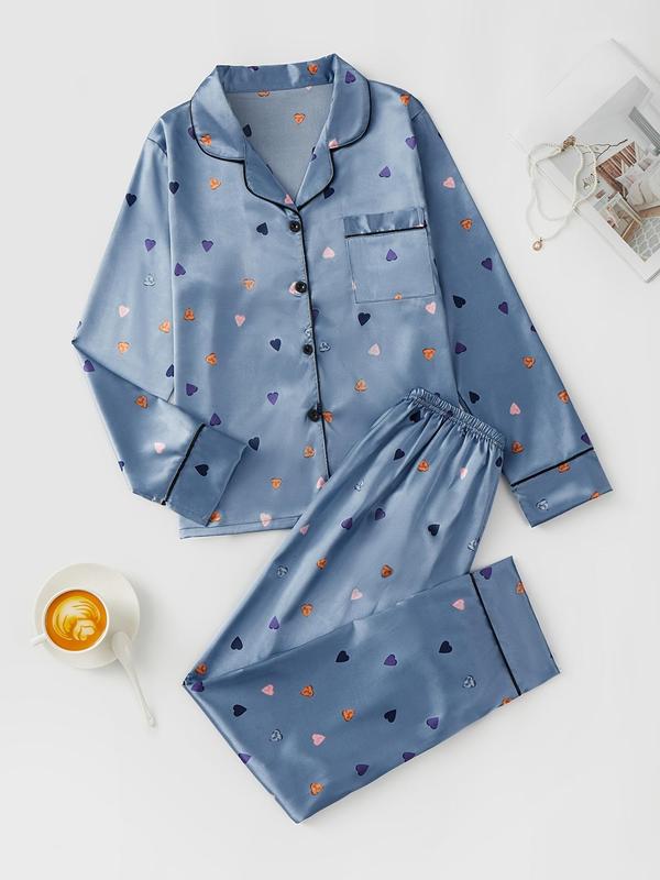 Women's Heart Print Satin Loungewear Set, Casual Lapel Button Front Shirt & Pants Pajama Set, Women's Sleepwear, Womenswear