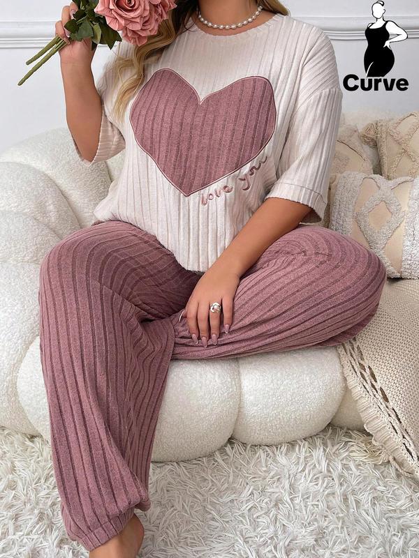  Two-piece Set Heart Graphic Embroidery Drop Shoulder Tee & Plain Elastic Waist Pants Pyjama Two-piece Set, Casual Comfy Round Neck Half Sleeve T-shirt & Trousers Pj Set, Pajama Sets Women, Women's Plus Sleepwear, Fluffy Pajamas