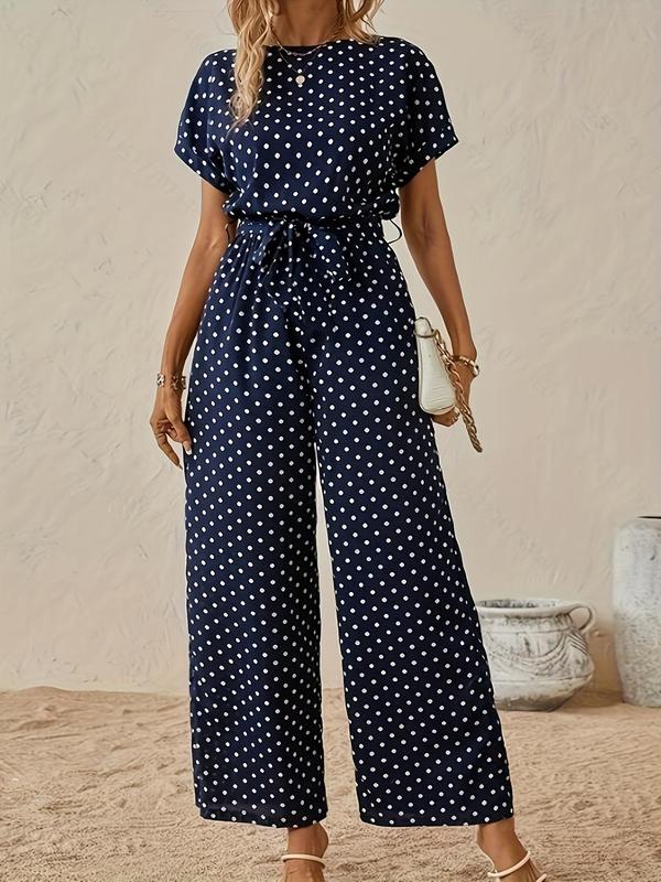 Women's Polka Dot Print Belted Wide Leg Jumpsuit, Elegant Short Sleeve Round Neck Jumpsuit for Vacation Holiday Daily Wear, Ladies Clothes for All Seasons