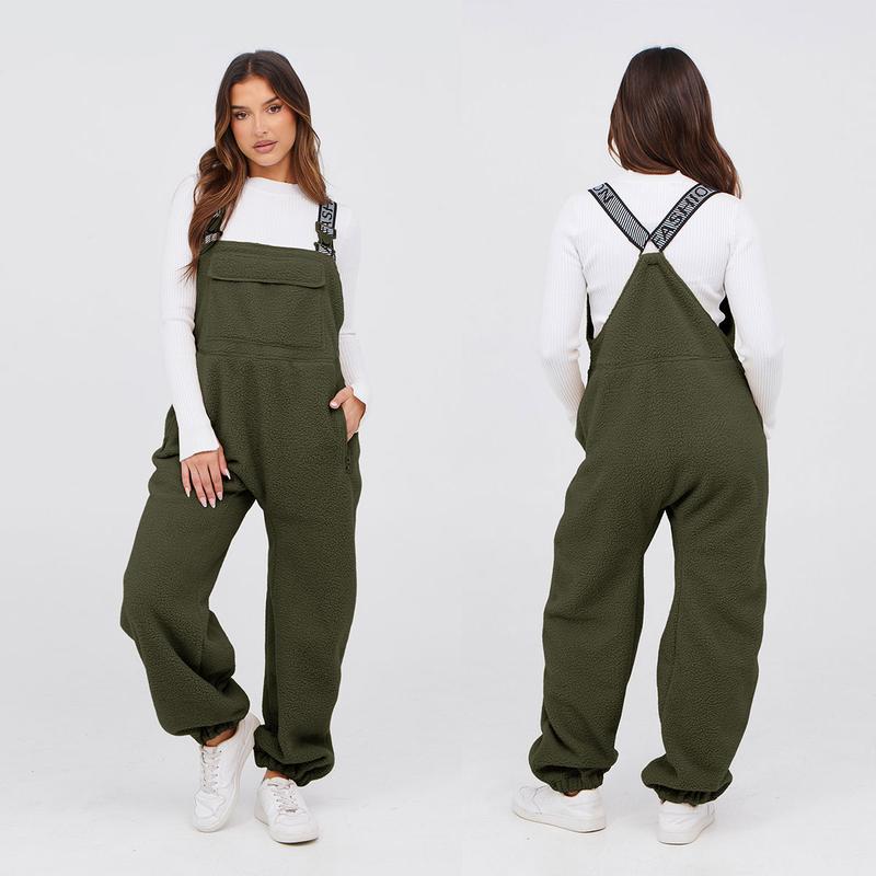 SCUSTY Womens Fleece Overalls 2024 Warm Winter Casual Loose Jumpsuits Sherpa Bib Overalls Fuzzy Ski Pants with Pockets