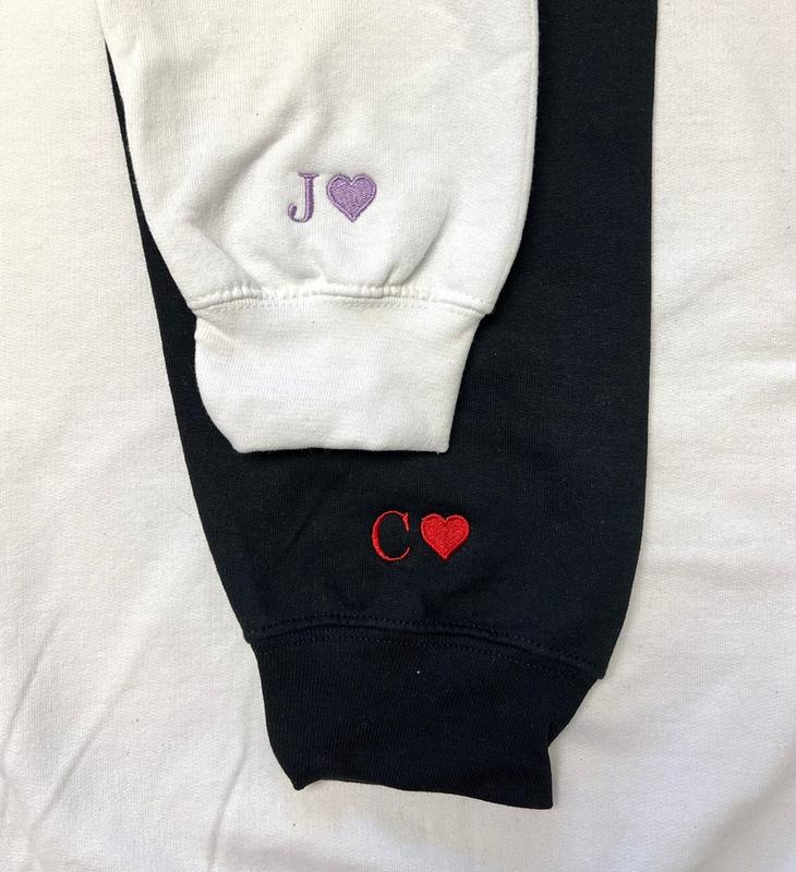 Custom Embroidered Initial Heart Sweatshirt, Initial on Sleeve, Couple Shirt, Anniversary, Couple's Shirt, Custom Embroidered Hoodie.