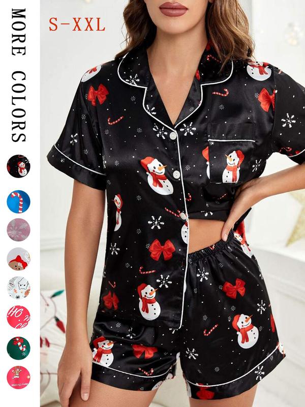 Women's Cartoon Pumpkin and Ghost Print Pocket Shirt & Shorts Christmas Theme Satin Pyjama Two-piece Set, Casual Comfy Short Sleeve Halloween Button Front Top & Shorts Pj Set, Ladies Sleepwear for Fall Back To School, Halloween Costumes