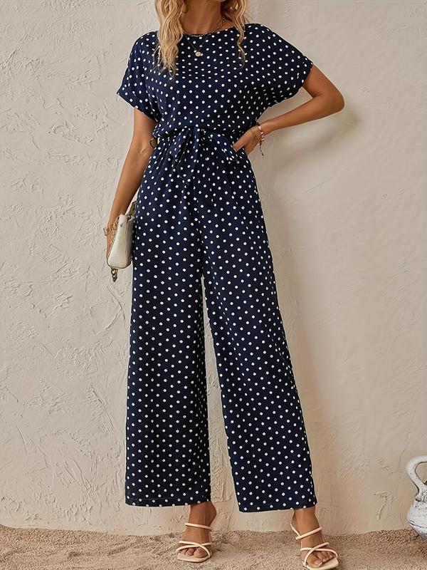 Women's Polka Dot Print Belted Wide Leg Jumpsuit, Elegant Short Sleeve Round Neck Jumpsuit for Vacation Holiday Daily Wear, Ladies Clothes for All Seasons