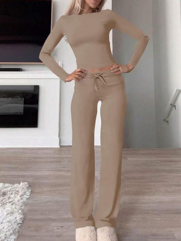 Women's Solid Ribbed Drawstring Lounge Set, Casual Comfy Long Sleeve Top & Pants Set for Fall & Winter, Women's Sleepwear for Indoor Wear