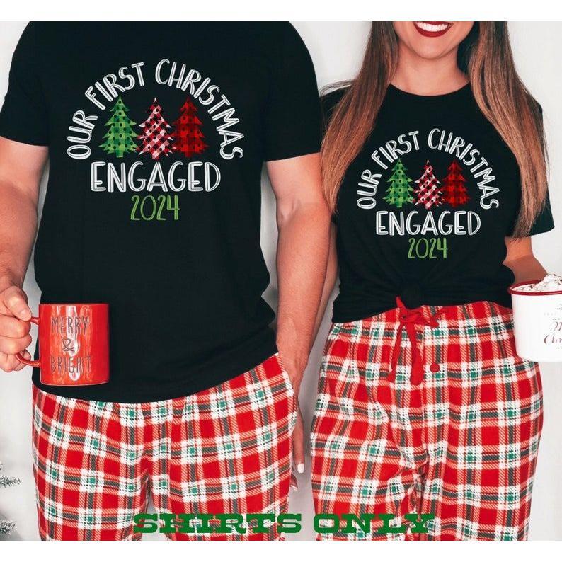 Couples Christmas Pajamas,  Xmas Couples Engaged Shirts, Xmas Couple First Christmas Pajamas, His and Hers Matching Engaged Xmas Shirts Christmas Gifts.