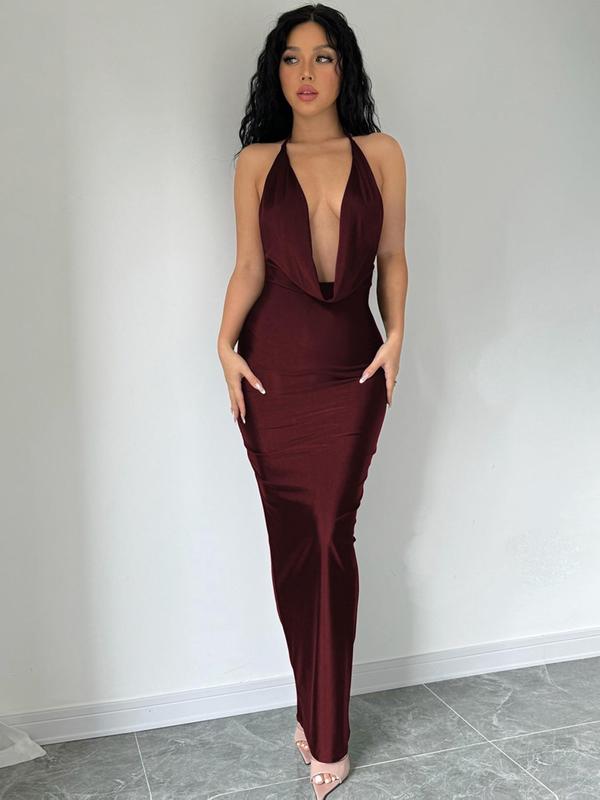 Women's Solid Backless Draped Tie Back Satin Dress, Fashion Halter Neck Sleeveless Long Bodycon Dress for Evening Party, Birthday Dresses 2024, Dresses for Women, Elegant Dress for Women, Summer Outfits 2024