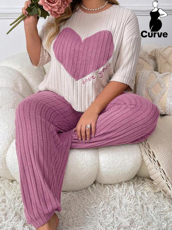  Two-piece Set Heart Graphic Embroidery Drop Shoulder Tee & Plain Elastic Waist Pants Pyjama Two-piece Set, Casual Comfy Round Neck Half Sleeve T-shirt & Trousers Pj Set, Pajama Sets Women, Women's Plus Sleepwear, Fluffy Pajamas